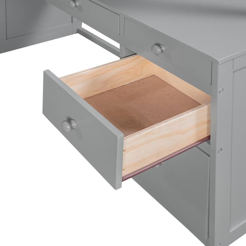 Full Size Loft Bed with Desk, Shelves and Drawers, Space-Saving Multi-Functional Bed Frame with Guardrails and Ladder