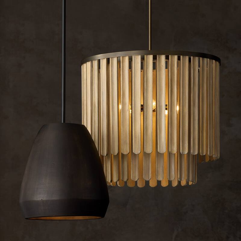 24" W x 21" H 5-Light Pendant in Dark Brass with Handcrafted Mango Wood in Nordic Grey Stain - 24"W x 21"H