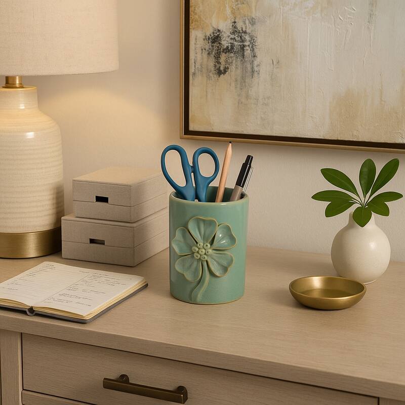 Ceramic Cute Pencil Cup Decorative Flower Office Desk Accessory