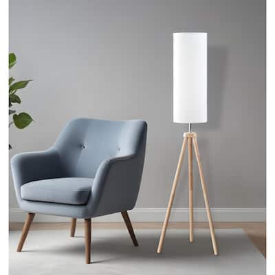 HomeRoots 58" Natural Wood Look Tripod Floor Lamp With White Shade - 18" L x 18" W x 58" H