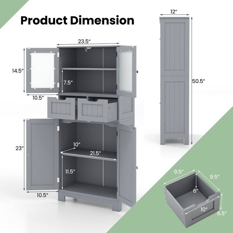 Floor Storage Cabinet with Glass Doors for Bathroom Kitchen or Entryway - 23.5" x 12" x 50.5"