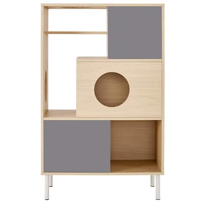 2-in-1 Modern Cat Tree & Bookshelf with Storage, Wooden Bookcase Featuring Litter Box Enclosure and Cat Climbing Shelves