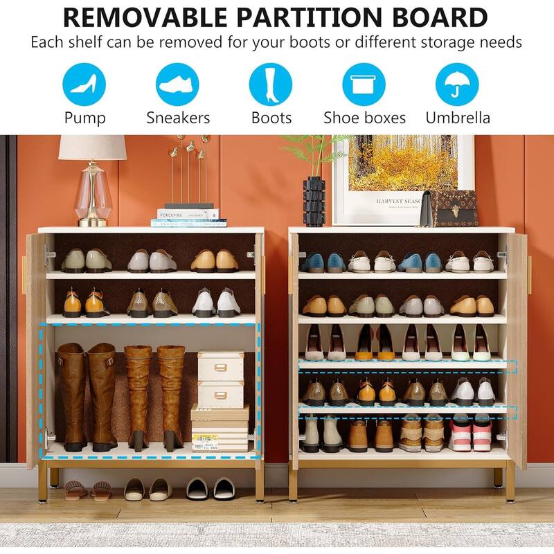 31" White & Natural Wooden Shoe Cabinet, 5 Tiers