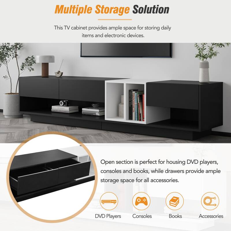 Two-Tone TV Stand with Storage, for TVs Up to 80", Black - 74.8" W × 15.7" D × 16.5" H