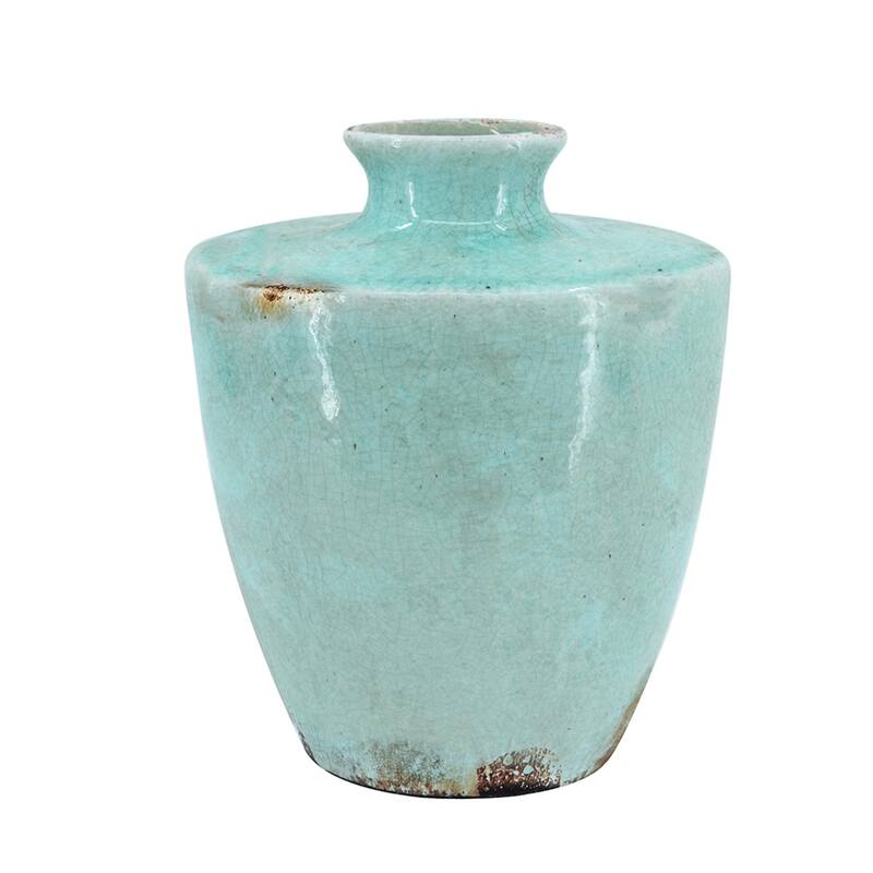 12 Inch Aqua Terracotta Crackle Glaze Round Table Vase for Home