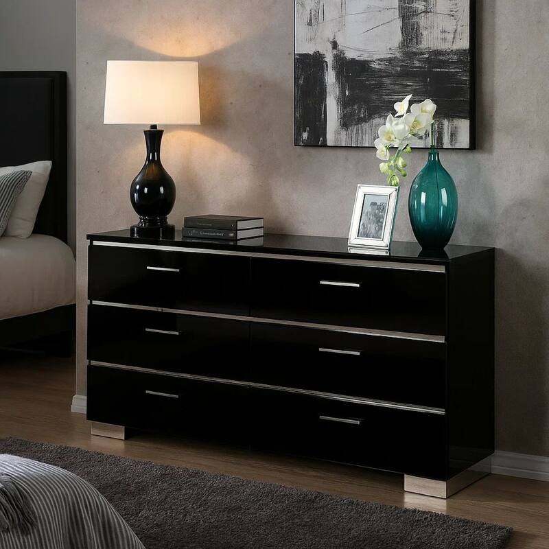 63 Inches 6 Drawer Dresser with Metal Legs, Black and Chrome