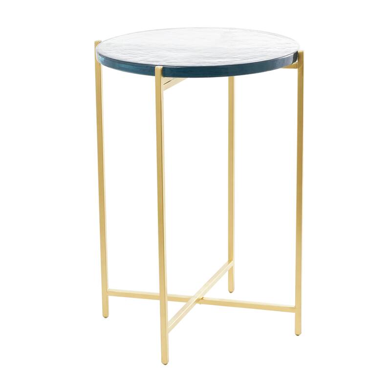 Gold or Black Metal X-Shaped Side End Accent Table with Textured Glass Tabletop