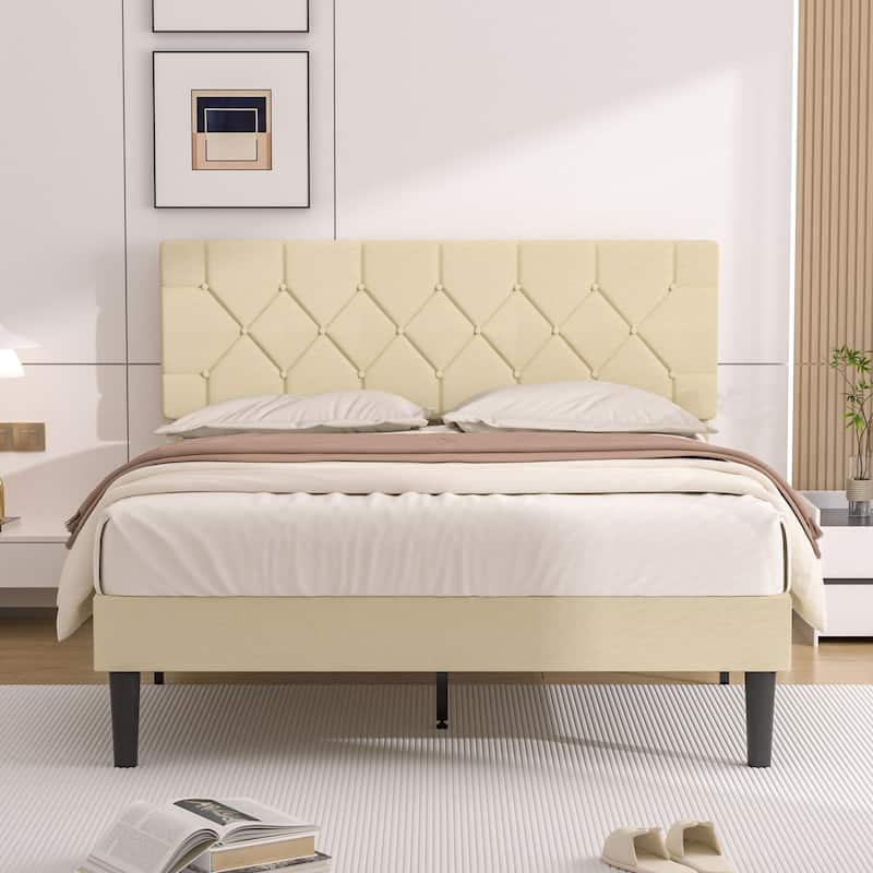 Beige Diamond Button Tufted Upholstered Bed with Linen Headboard No Box Spring Needed 7.87" Underbed Storage Center Support Leg