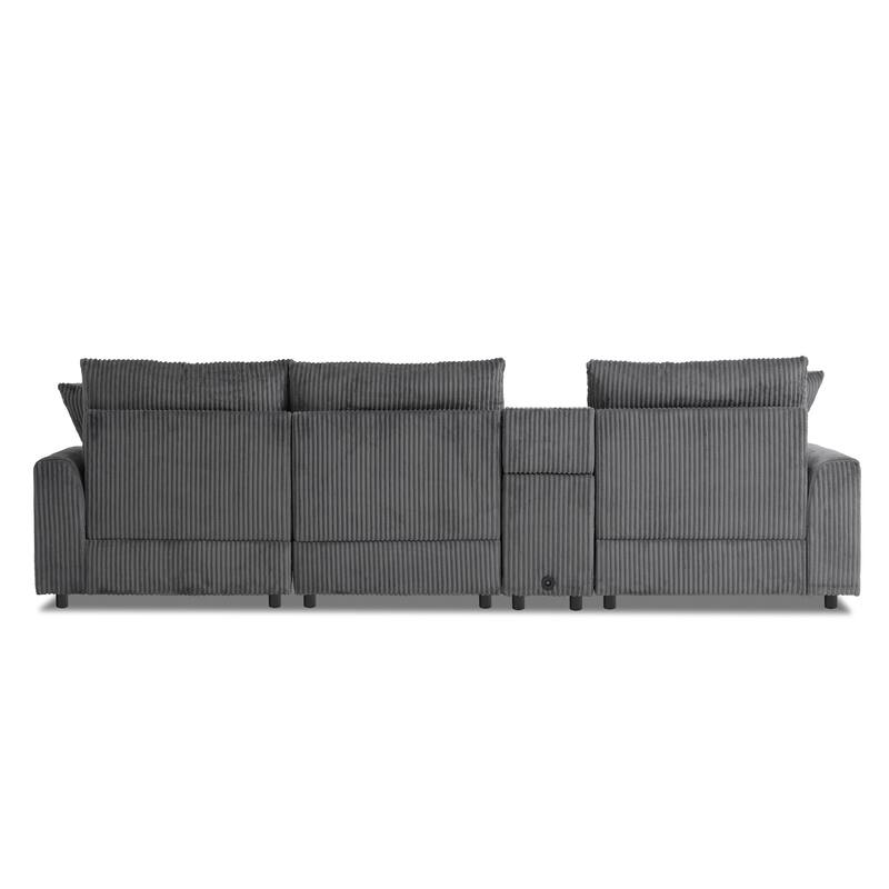 Corduroy Sectional Sofa With Bluetooth Speakers,L Shaped Couch With Console,Usb Charger,Cup Holders,Storage,Ottoman