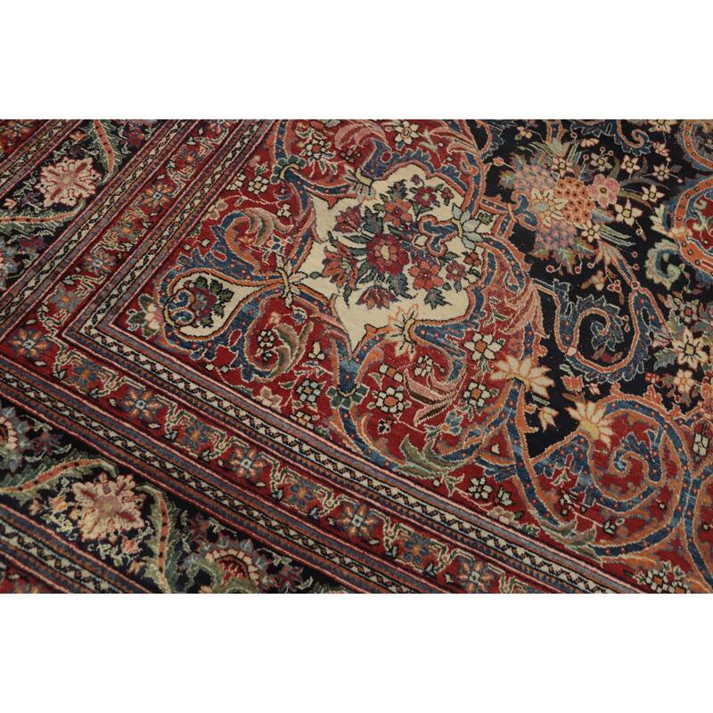 Hand Knotted Oriental 100% Wool Carpet Traditional Floral Navy Blue & Blues Kashmar Area Rug - 15' 7'' X 10' 1''