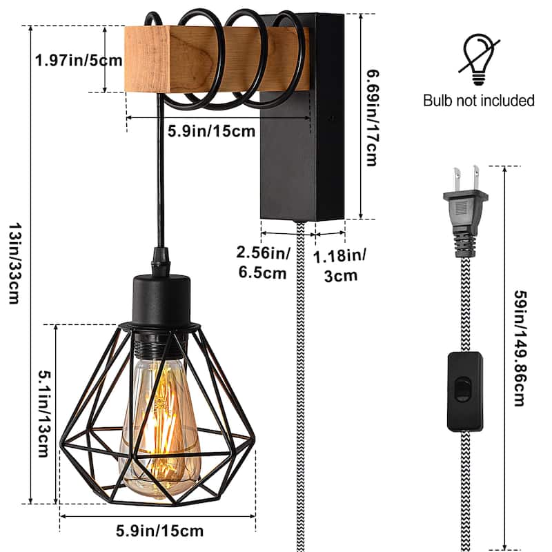 Modern Plug in Wire Wood Cage Black Wall Lamp- Industrial Rustic Retro Pendant Lamp With Adjustable Hanging Wall Lights Fixture