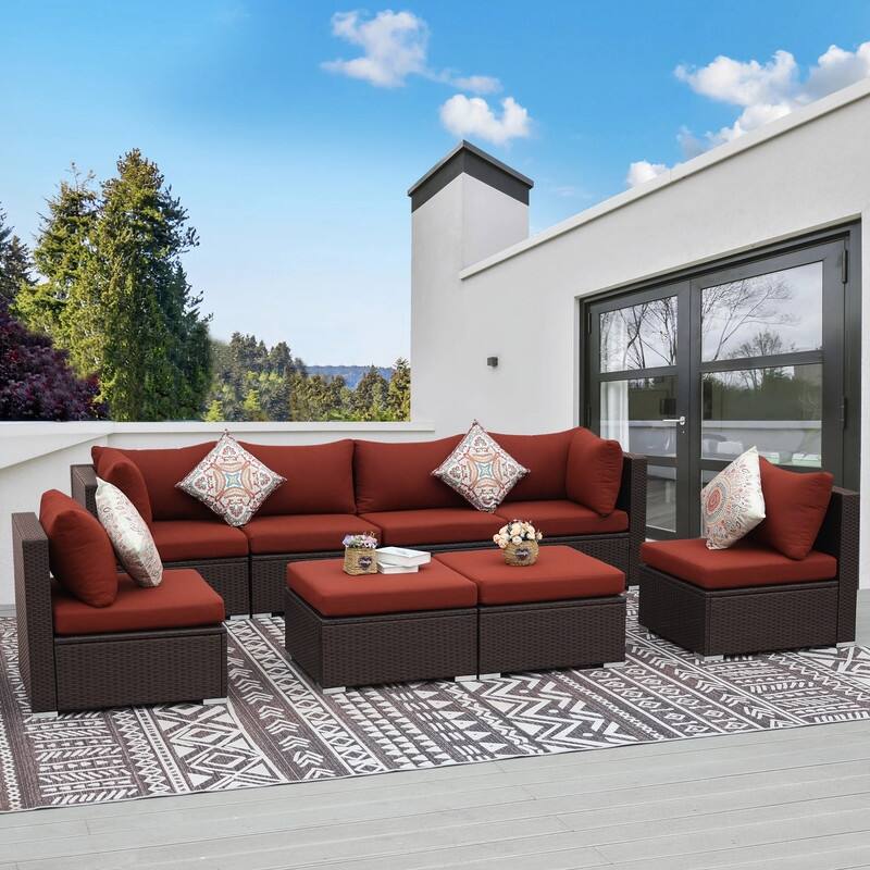 FINCATI Outdoor Wicker Patio Furniture Conversation Sectional Sofa Set - 8 PCS - Burgundy