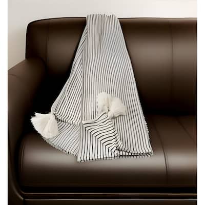 50" X 60" Black and White Woven Cotton Striped Throw Blanket with Tassels