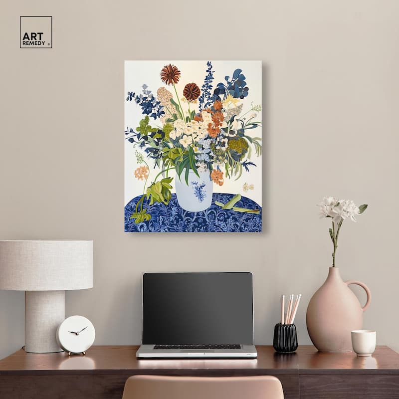 Dahlia Dream in Delft Blue Canvas by Art Remedy, Gallery Wrapped