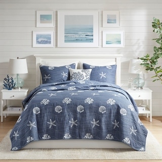 Harbor House Seaside 4 Piece Cotton Reversible Embroidered Quilt Set with Throw Pillow