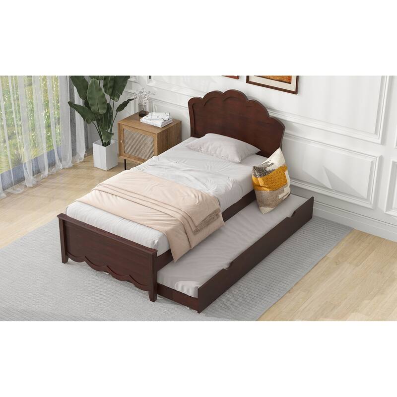Twin Size Wood Platform Bed with Headboard and Twin Size Trundle