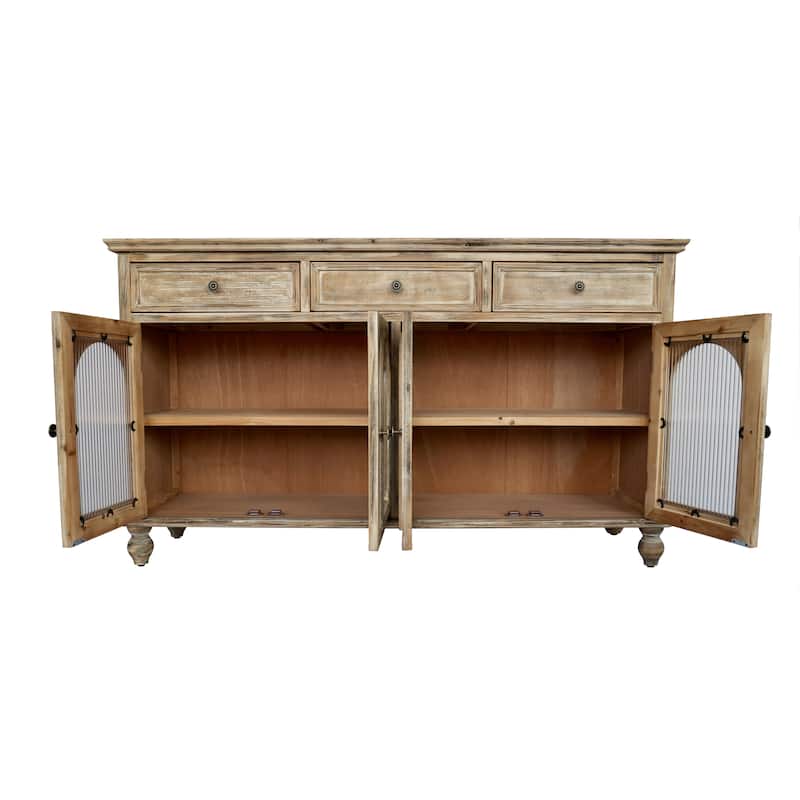59.06"Farmhouse Sideboard Buffet Cabinet, Distressed Wood Credenza with 3 Drawers & 4 Glass Doors, Storage Cabinet with Shelves