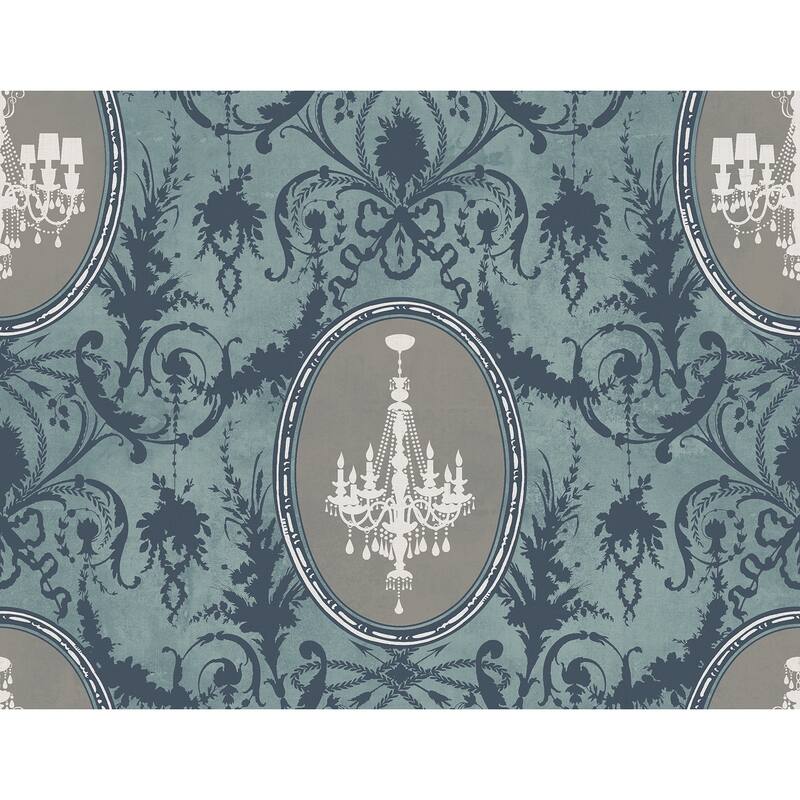 Seabrook Designs Melina Chandelier Cameo Unpasted Wallpaper - 27 in. W x 27 ft. L - Blue Dusk & Metallic Silver
