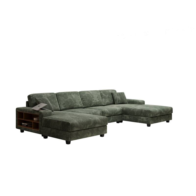 139.76" Corduroy U-Shaped Sectional Sofa with Storage Arms & Pocket Spring Cushions