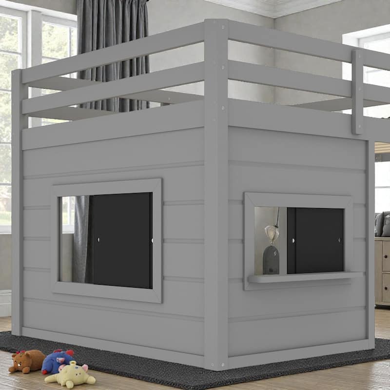 Twin/Full Loft Bed with Sliding Chalkboard, Built-in Bookshelf, Solid Wood Frame & Safety Guardrails, Kids Playhouse Bed
