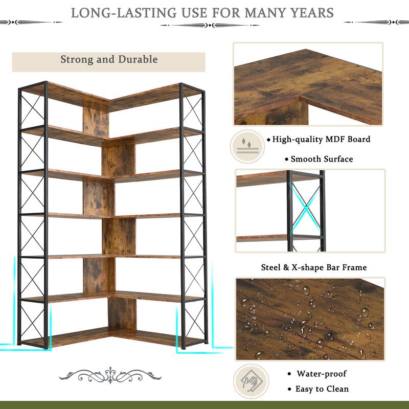 Industrial 7-Tier L-Shaped Corner Bookcase Home Office Bookshelf