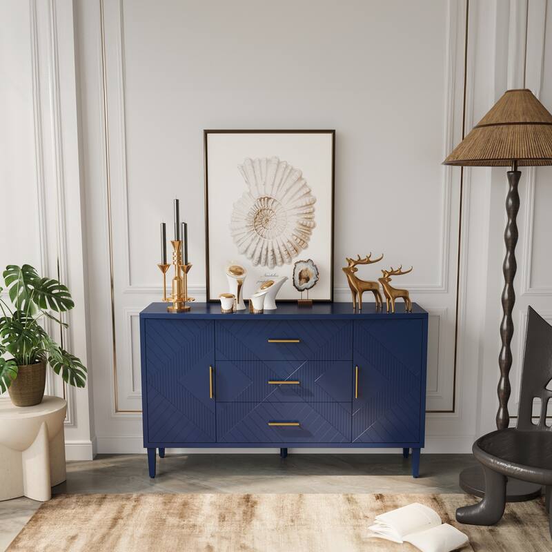 Buffet Cabinet Navy Blue Sideboard with 3-Drawer & 2 Storage Cabinet, Entrance Cabinet Cupboard Console Table w/ Curved Desktop