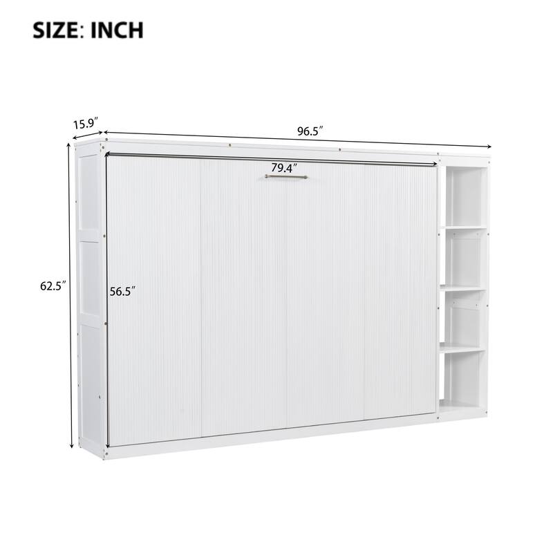 Foldable Full Murphy Bed with Side Bookshelves, Storage Rack and Slat Support, Space Saving Design