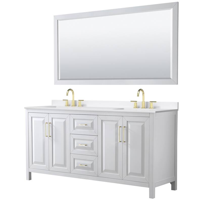Daria 72-inch Double Vanity, 3 Hole Quartz Top, 70-inch Mirror - White, Gold Trim, White Quartz Top