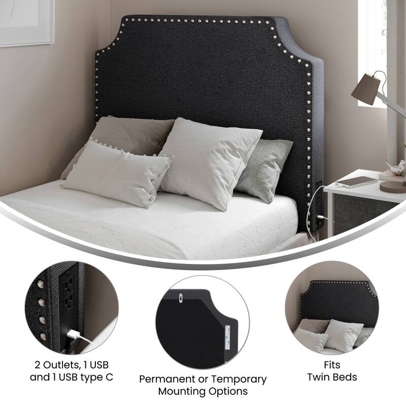 Contoured Headboard with 2 Power Outlets, 1 USB and 1 USB-C Port