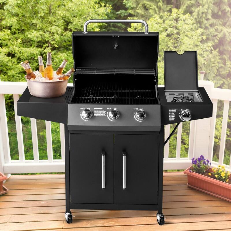Propane Gas Grill with Side Burner with Enameled Cast Iron Grates, Shelf & Cabinet for Outdoor Barbecue Cooking