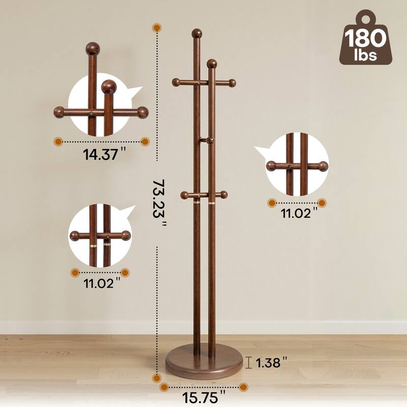 Freestanding Coat Rack Wooden Coat Tree with 6 Hooks and 2 Main Rods - 73.23"H x 15.75"W