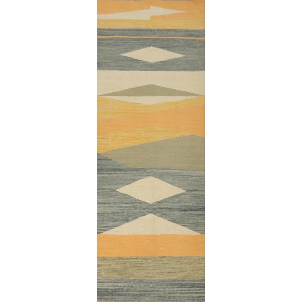 Hand Woven Oriental 100% Wool Carpet Southwestern Modern Multi-Colored Kilim Runner Rug - 7' 10'' X 2' 3''