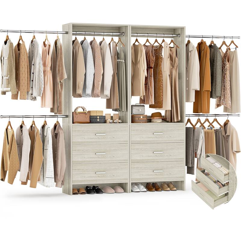 Cimly Set of 2 Closet Organizer System with Adjustable Hanging Rods and Drawers - Washed Oak