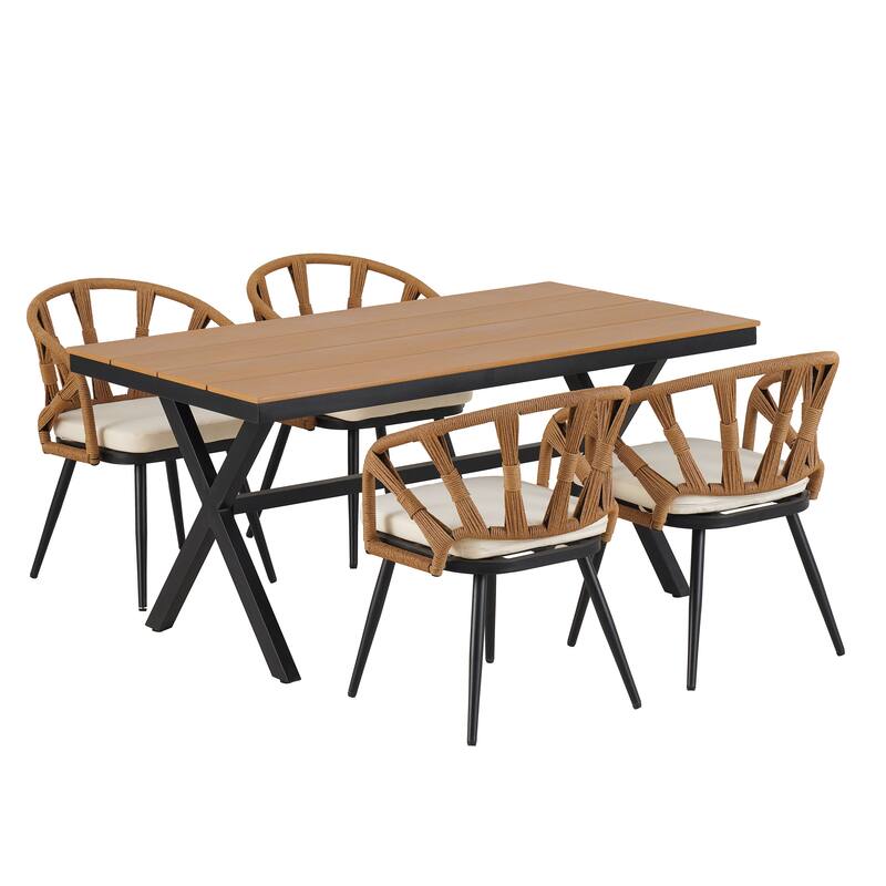 5 Pcs Outdoor Dining Table and Chairs Set, Patio Furniture Sets with PE Rattan Chairs and Rectangular Wood Table