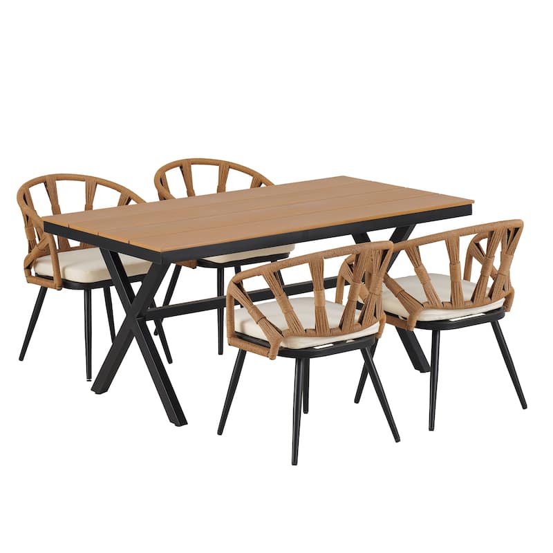 5-Piece Outdoor Patio Iron Dining Set with Rectangular Table and 4 Rope Art Cushioned Chairs