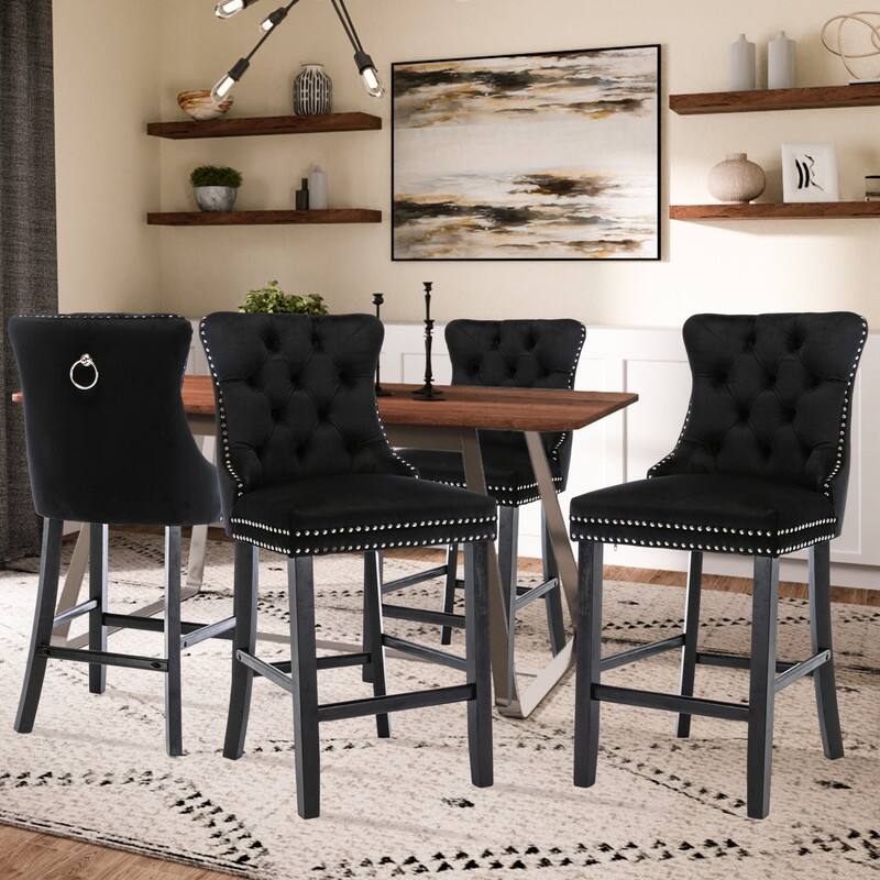 Contemporary Velvet Upholstered Counter Bar Stools Set of 4 - Black