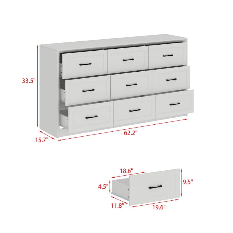 9 Drawers Dresser Large Capacity 62.2" W Sturdy Triple Chest White Brown