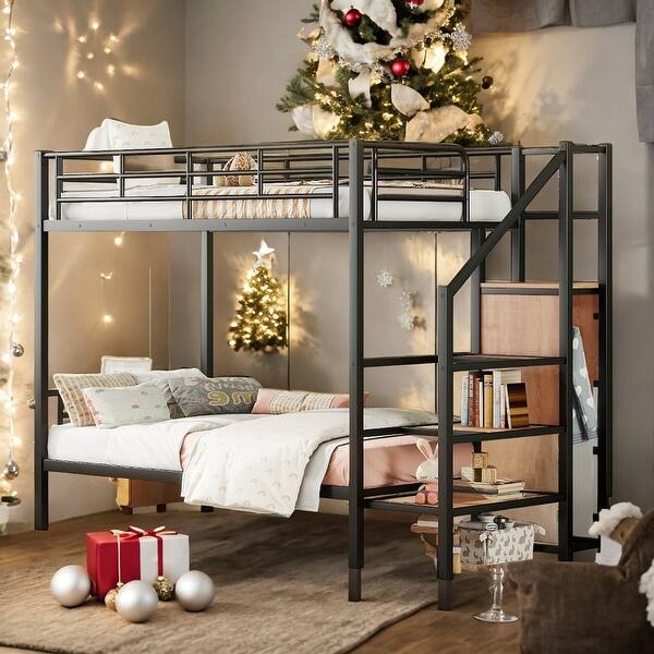 slide 2 of 26, Twin Over Twin Metal Bunk Bed with Storage Ladder and Wardrobe Black