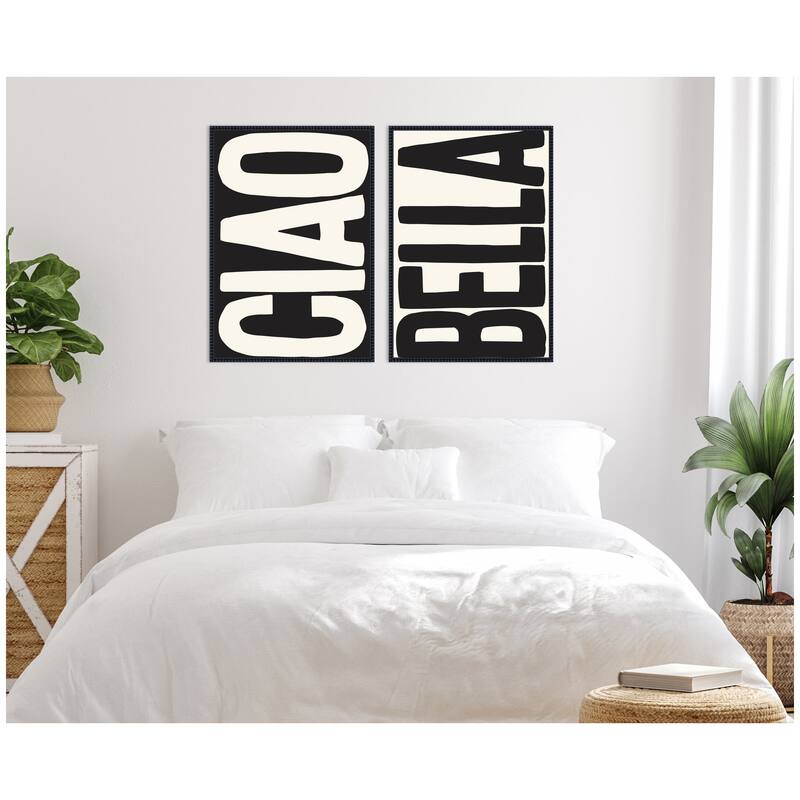 Kate and Laurel Ciao Bella Typography Black and White 2 Piece Framed Canvas Wall Art Set by Lucky Guava