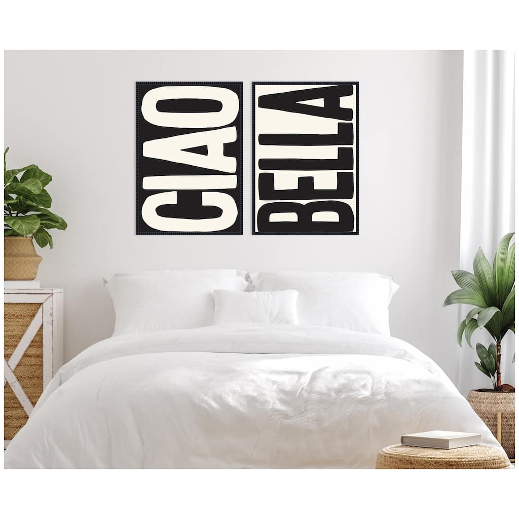 Kate and Laurel Ciao Bella Typography Black and White 2 Piece Framed Canvas Wall Art Set by Lucky Guava