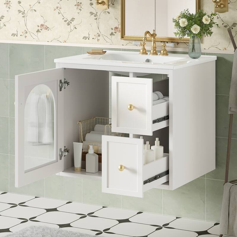 24" Space-Saving Wall Mount Bathroom Vanity with Ceramic Sink - 2 Drawers & Soft-Close Door, Compact Cabinet for Small Bathrooms