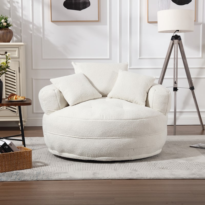 Boucle Upholstered Tufted Barrel Accent Living Room Chair With Toss Pillows - Beige+Rotate Base