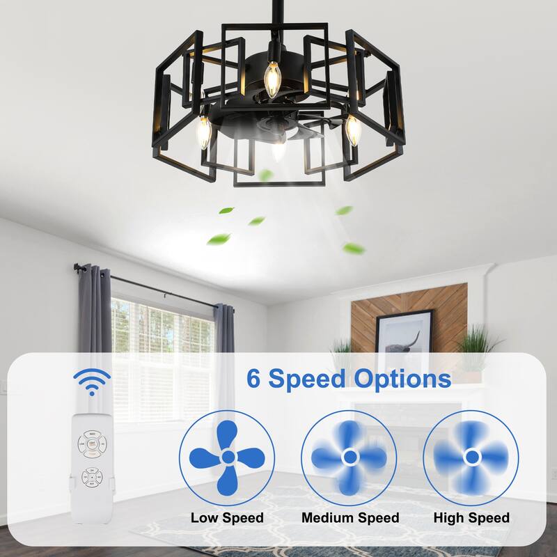 CurveCurio 20" Modern Matte Black Industrial Caged Ceiling Fan w/ 6 Lights, Quiet DC Motor 3 Speed Remote Control Fanlight