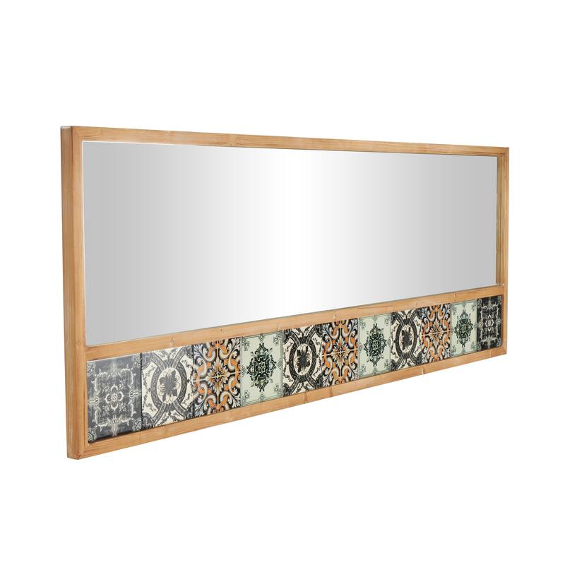 Brown Wood Floral Room Wall Mirror with Patterned Mosaic Tile Edge
