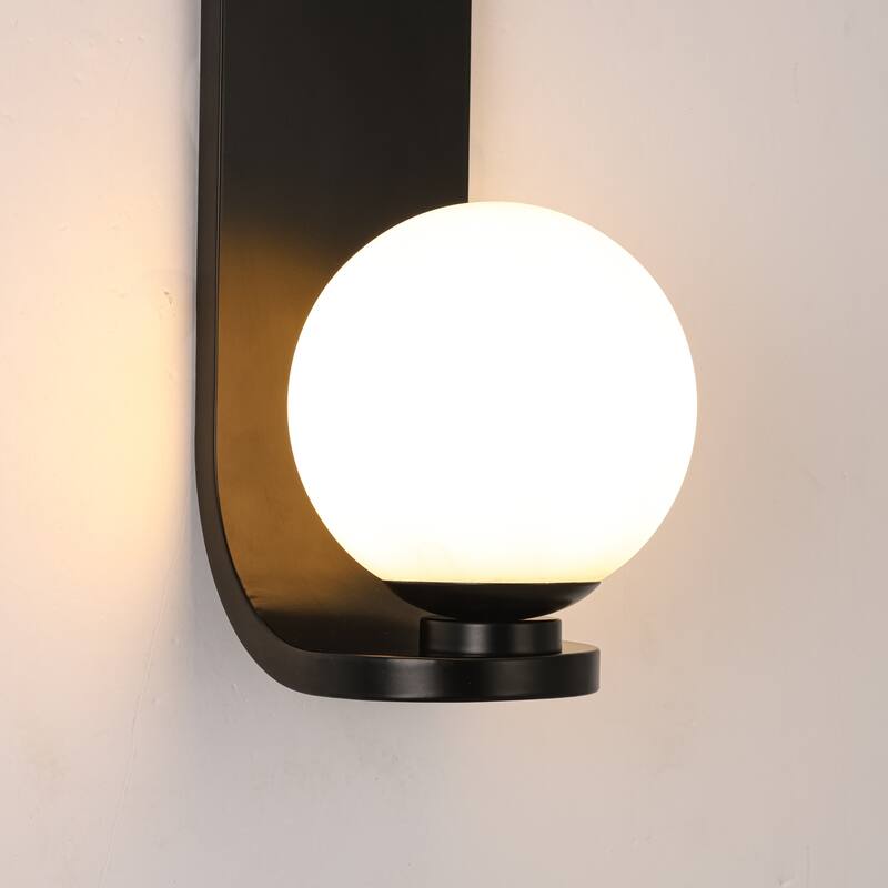 1-Light Modern Black Metal Wall Mount Lighting with White Opal Globe Glass - 5.91 in. W x 11.81 in. H x 7.48 in. D