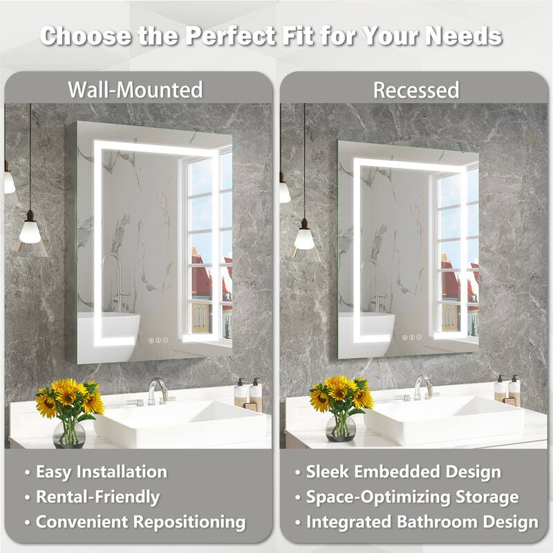 Rectangular Aluminum Recessed/Surface Mount Frameless Anti-Fog Medicine Cabinet with Dimmable LED Lights