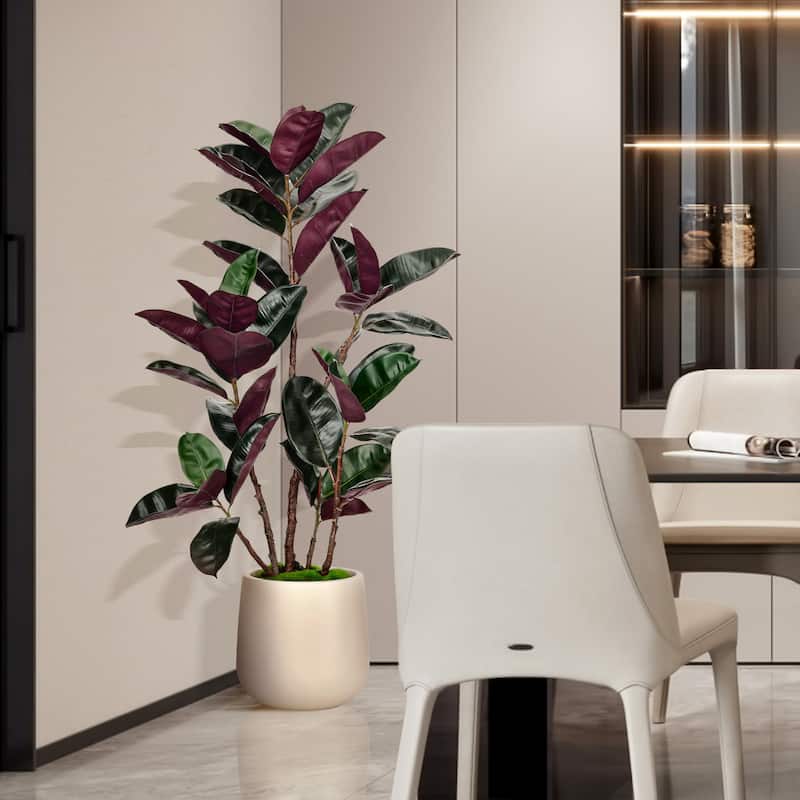 4.5 ft. Artificial Rubber Tree in White Decor Pot for Home Decor - 4.5 ft.