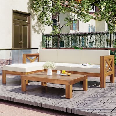 Merax Outdoor Backyard Patio Wood 5-Piece Sectional Sofa Seating Group Set