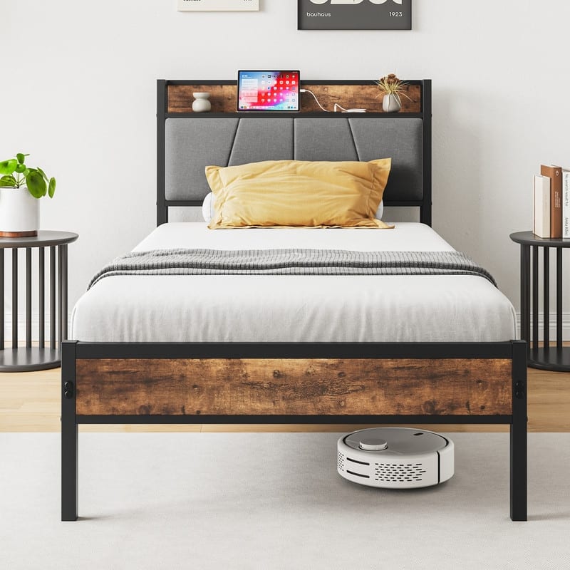 Metal&Wood Platform Bed with Storage Linen Headboard and Charging Station - Twin