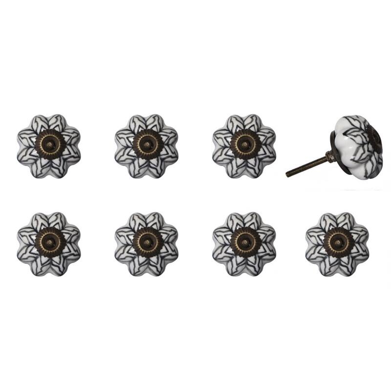 8-Pack Round Ceramic Cabinet Knobs with Hand-Painted Botanical Design and Antique Copper Look - 1.5” x 1.5” x 1.5”